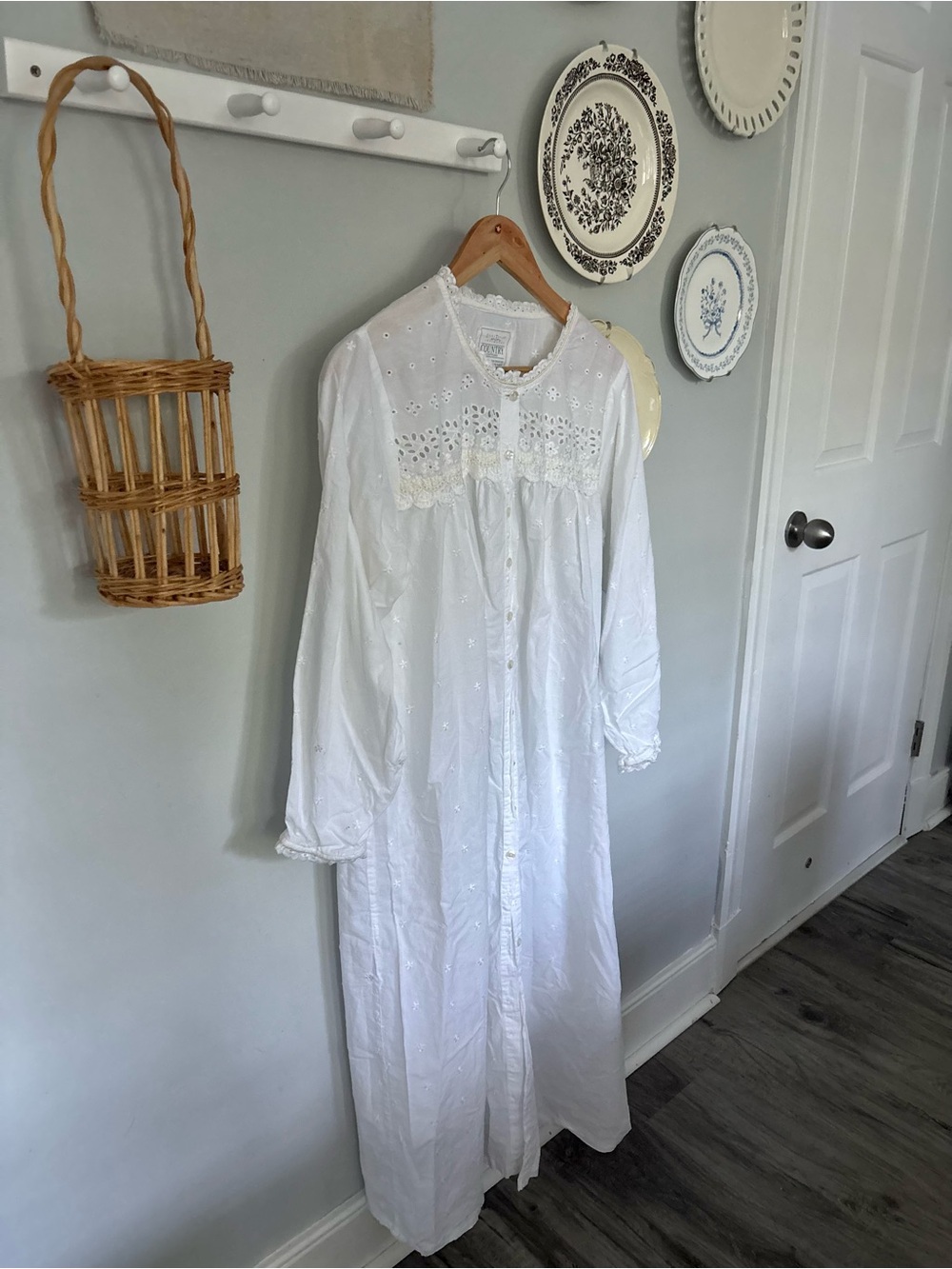 White Women's Long Button-Front Nightgown with Eyelet Detail